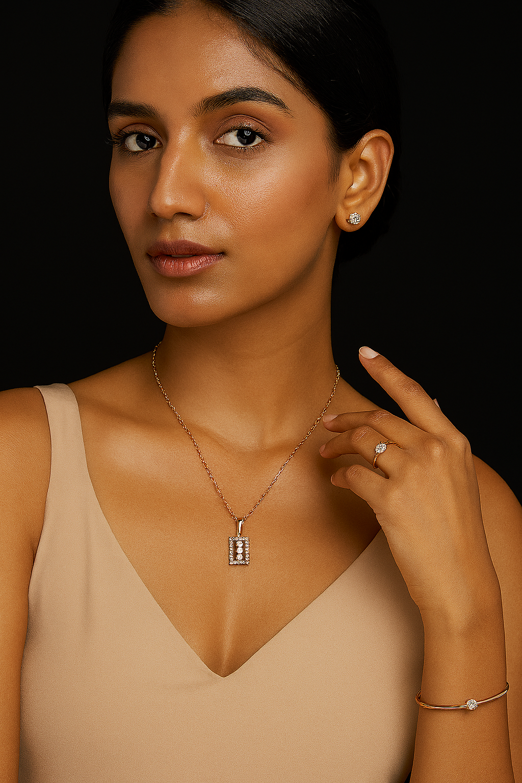 Rose Gold Square Style Pendant Jewellery Set