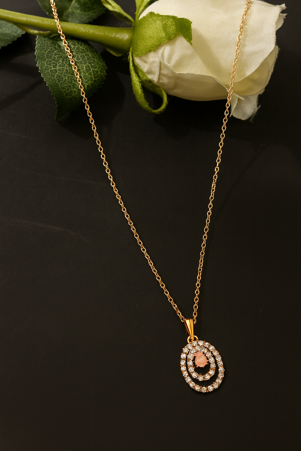 Radiant Oval Diamond Halo Necklace Set in Gold Finish