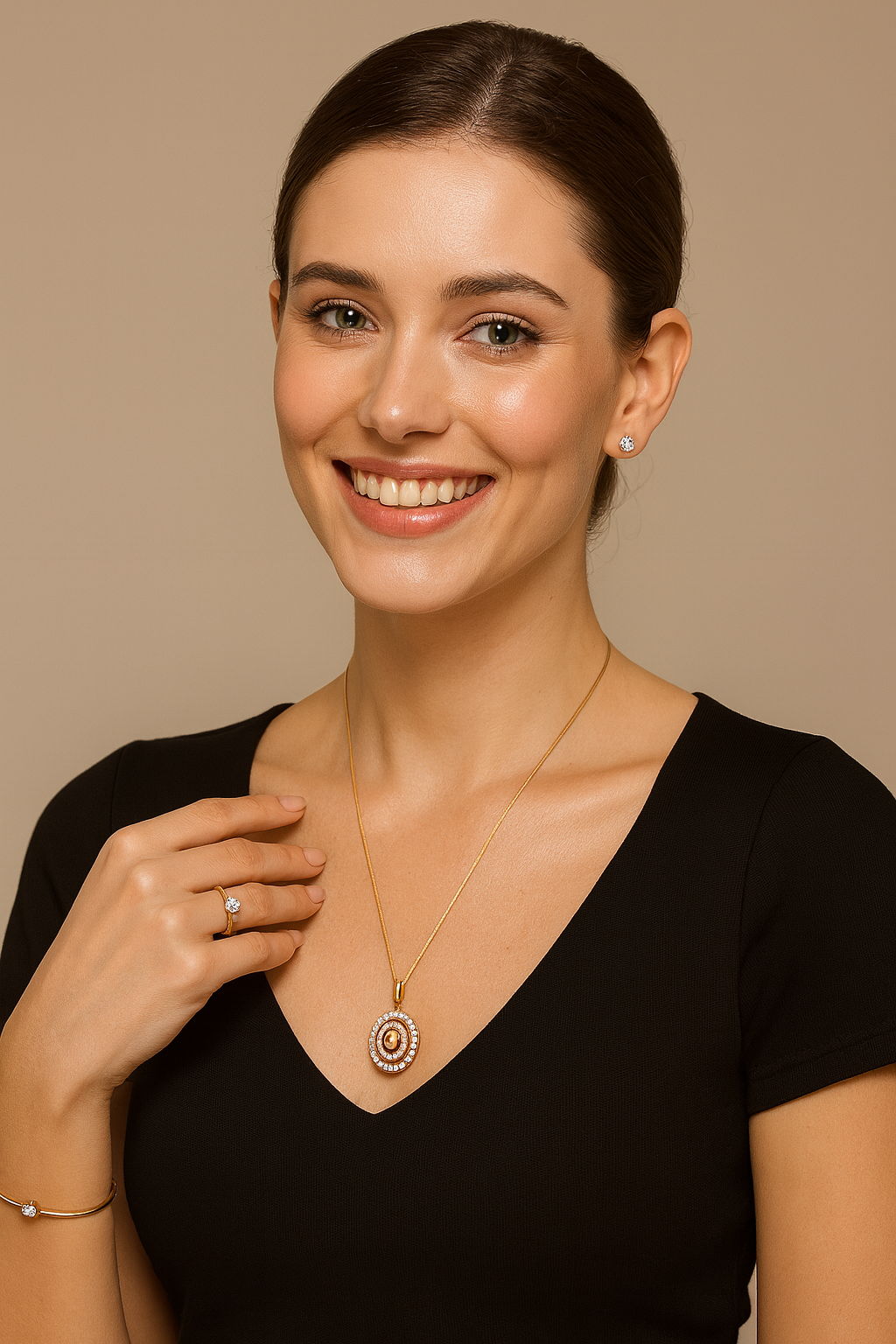 Radiant Oval Diamond Halo Necklace Set in Gold Finish