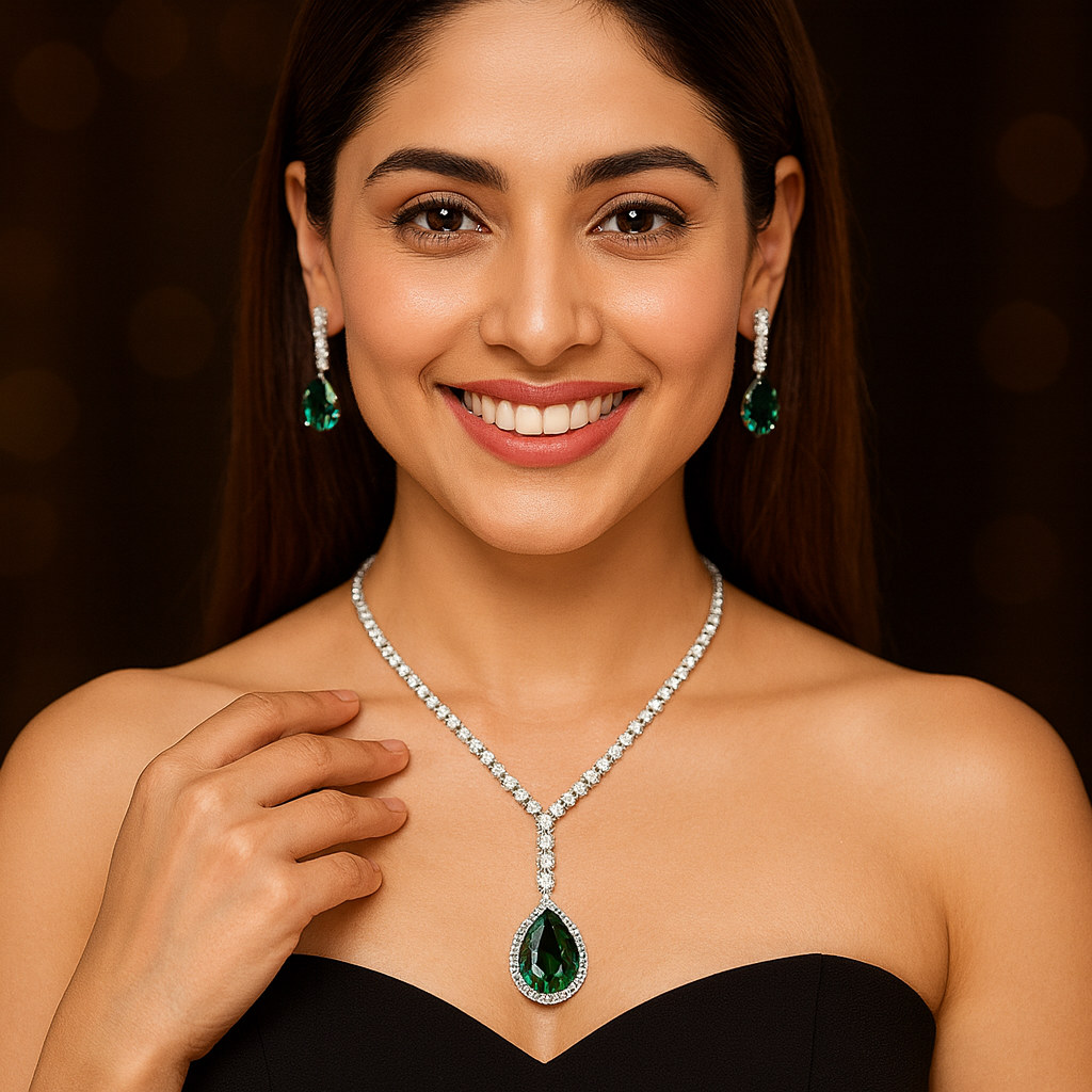 Royal Green Teardrop Pendant Set with Earrings