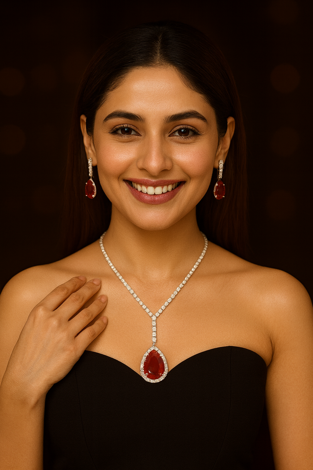 Graceful Red Teardrop Pendant Set with Matching Earrings