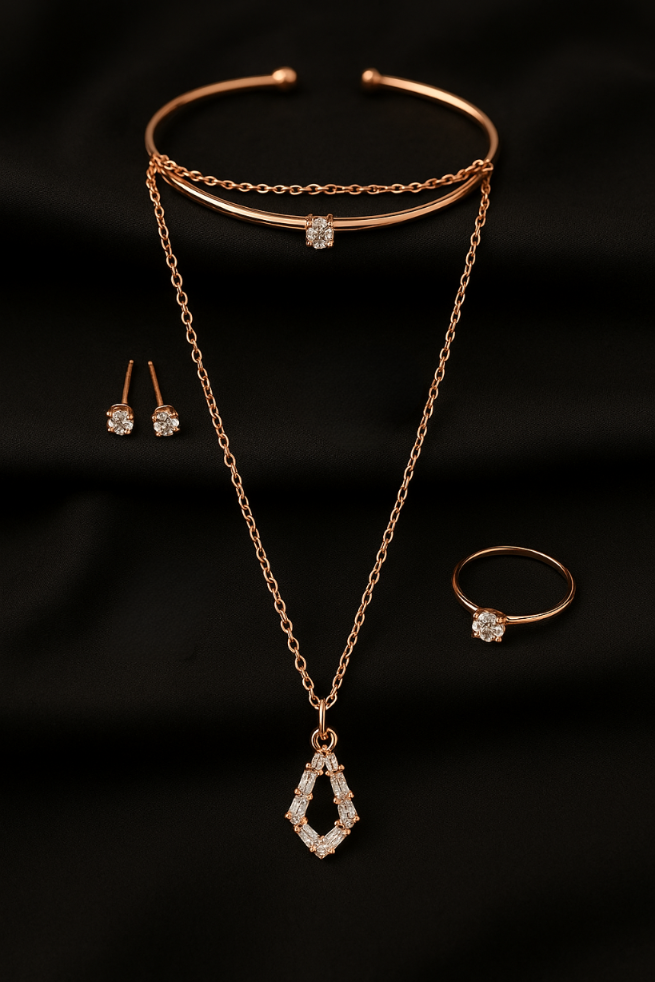 Rose Gold Diamond Style Pendant Jewellery Set