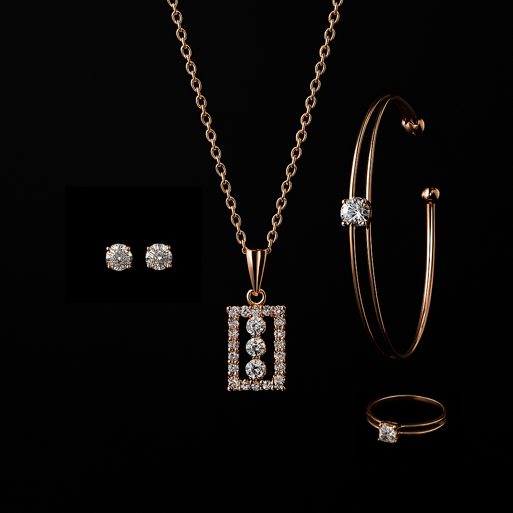 Rose Gold Square Style Pendant Jewellery Set