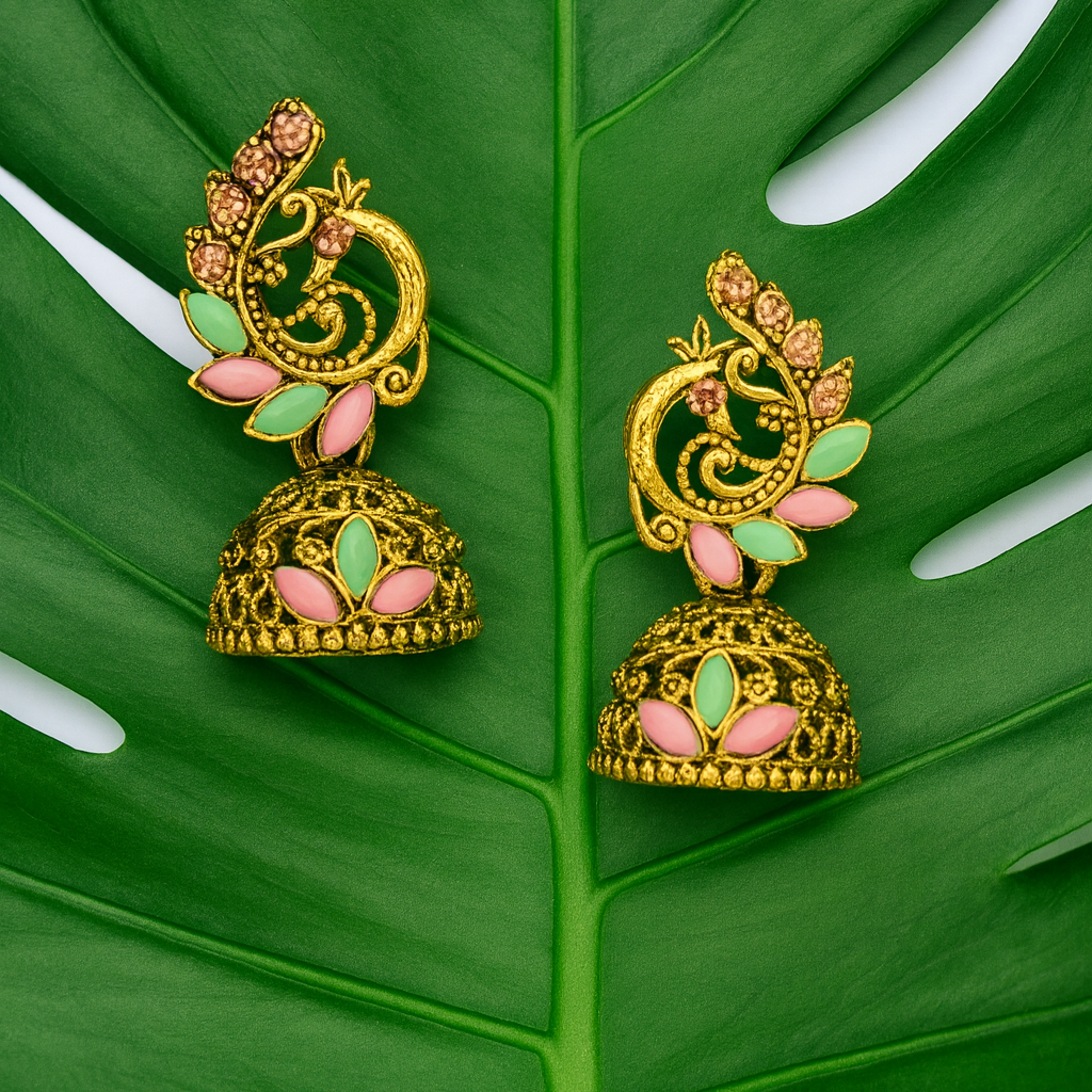 Peacock Motif Gold-Tone Jhumka Earrings with Pastel Enamel