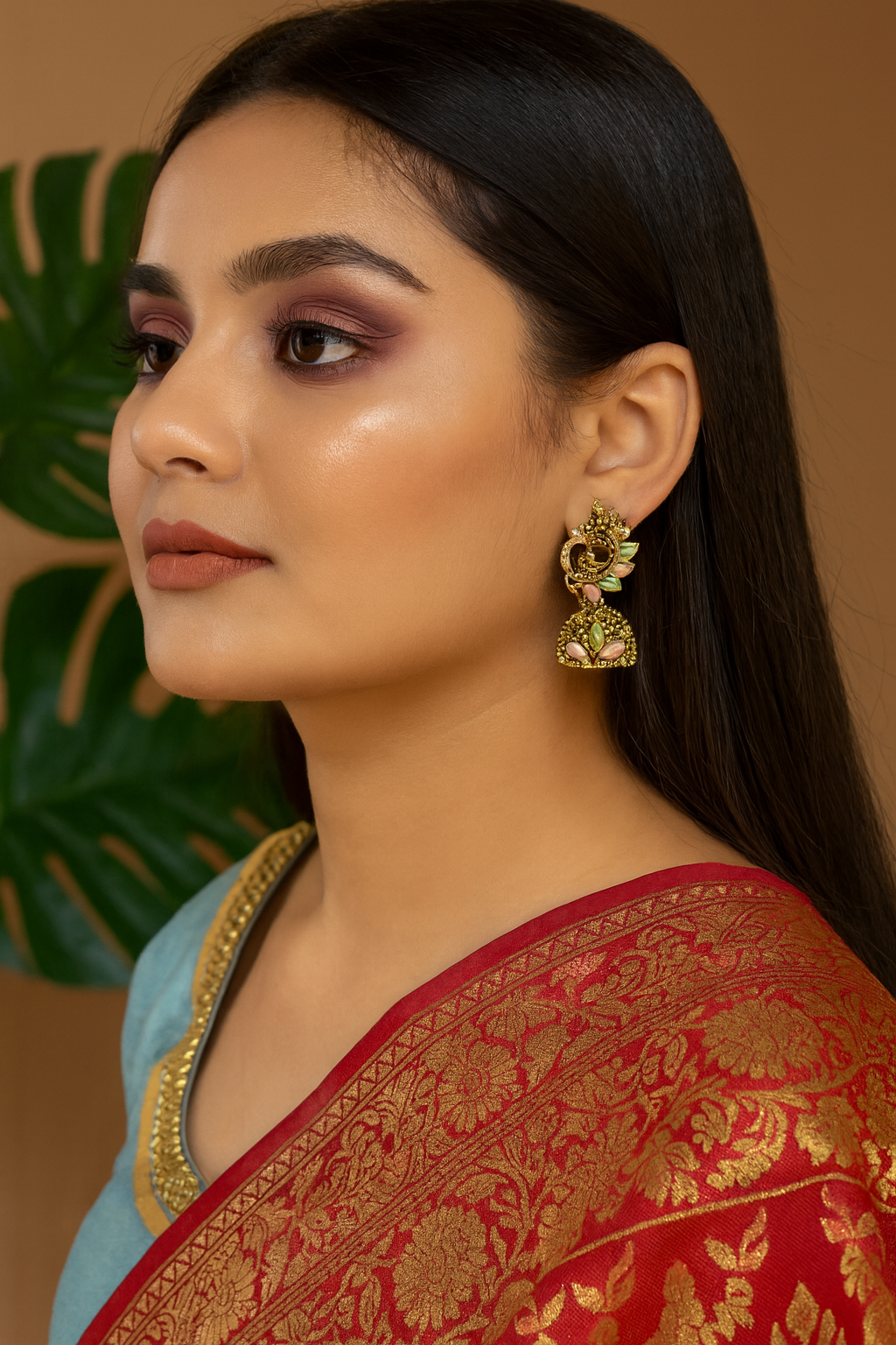 Peacock Motif Gold-Tone Jhumka Earrings with Pastel Enamel