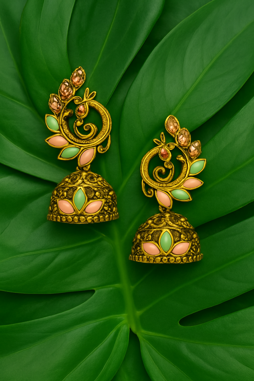 Peacock Motif Gold-Tone Jhumka Earrings with Pastel Enamel