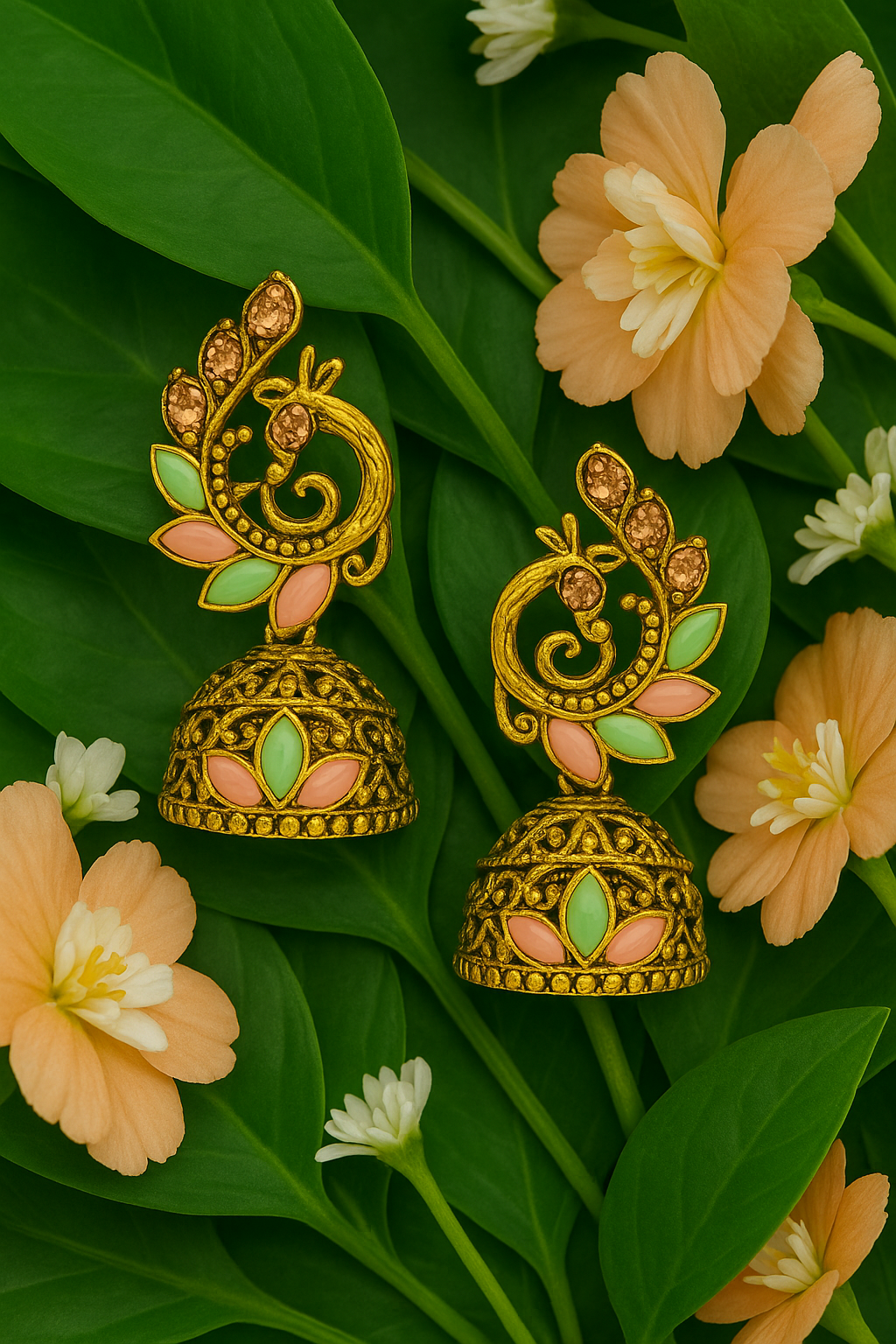 Peacock Motif Gold-Tone Jhumka Earrings with Pastel Enamel