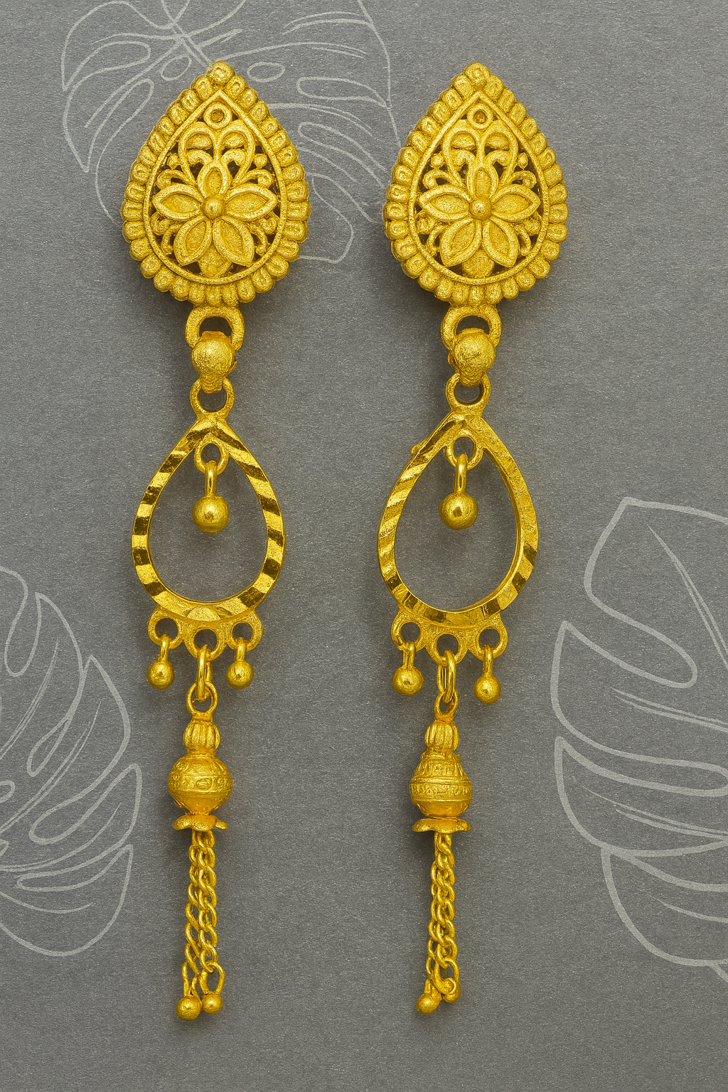 Elegant Gold-Plated Teardrop Dangle Earrings with Floral Motif