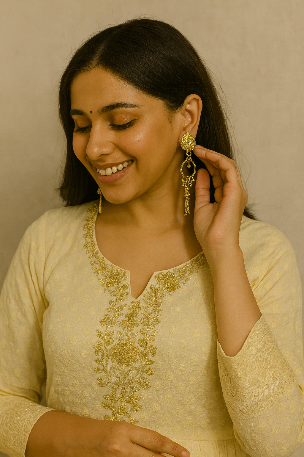 Elegant Gold-Plated Teardrop Dangle Earrings with Floral Motif