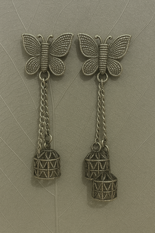 Butterfly Charm Oxidized Silver Dangler Earrings