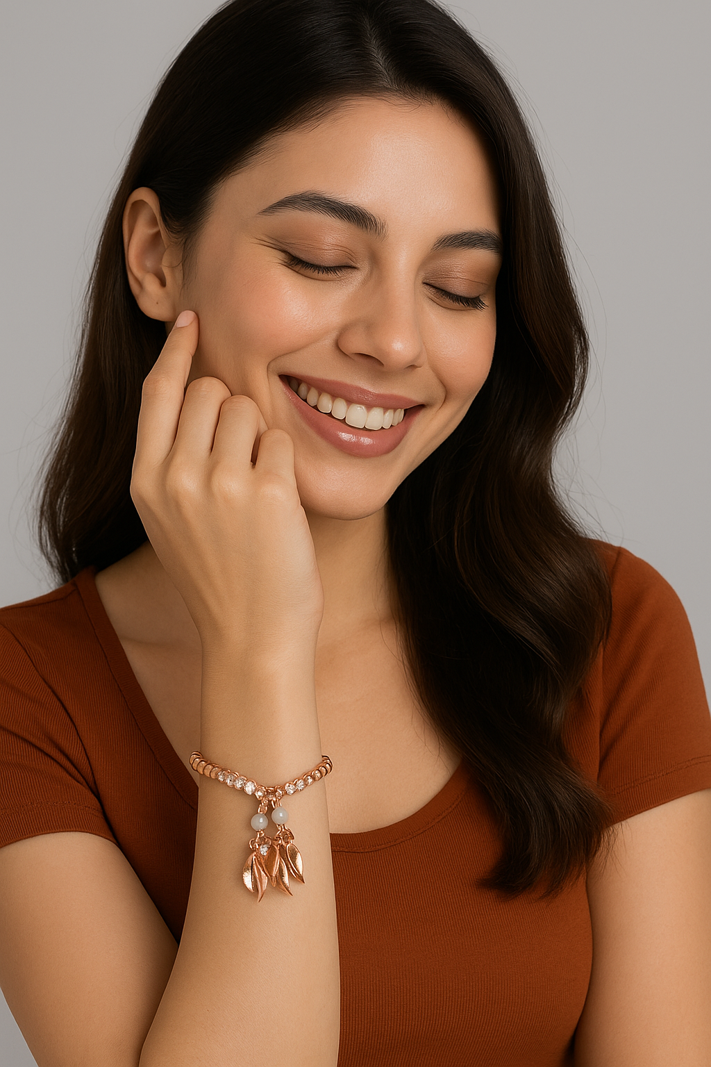 Elegant Rose Gold Leaf Charm Bracelet with Crystal Accents