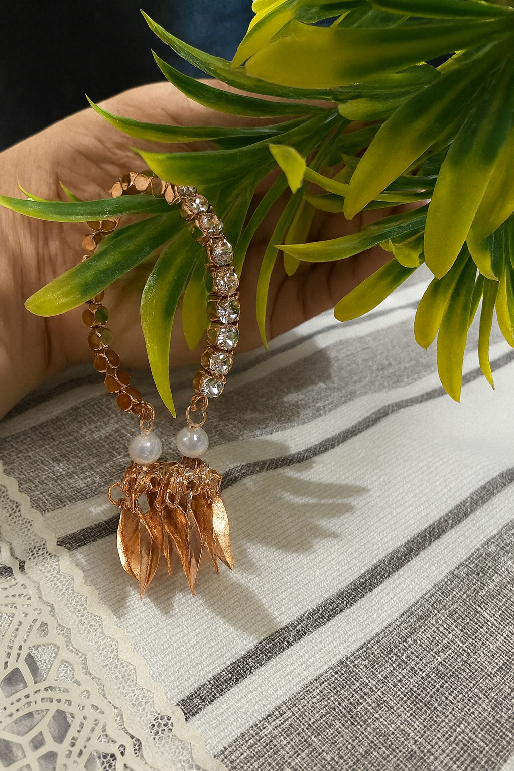 Elegant Rose Gold Leaf Charm Bracelet with Crystal Accents