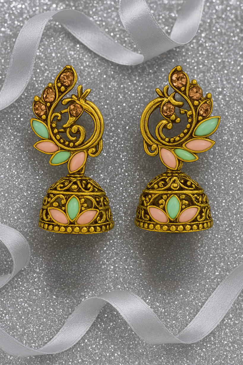 Peacock Motif Gold-Tone Jhumka Earrings with Pastel Enamel