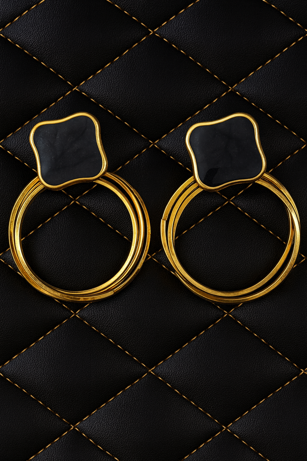 Elegant Gold Hoop Earrings with Black Stone Studs