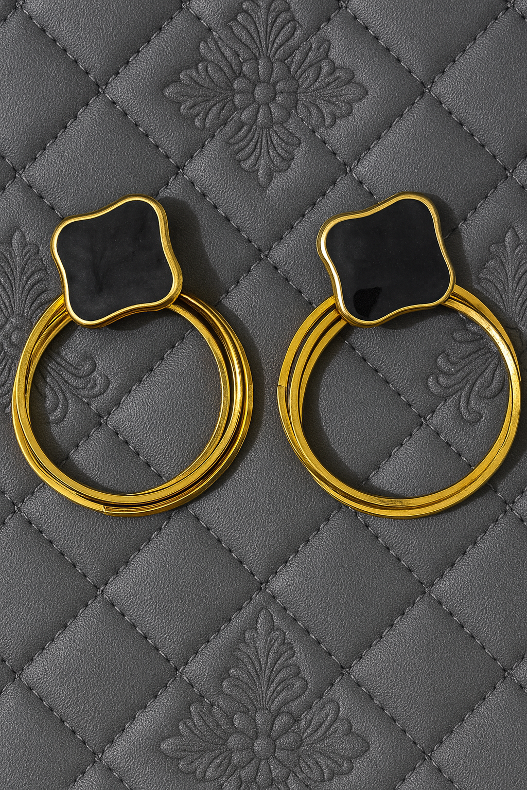 Elegant Gold Hoop Earrings with Black Stone Studs