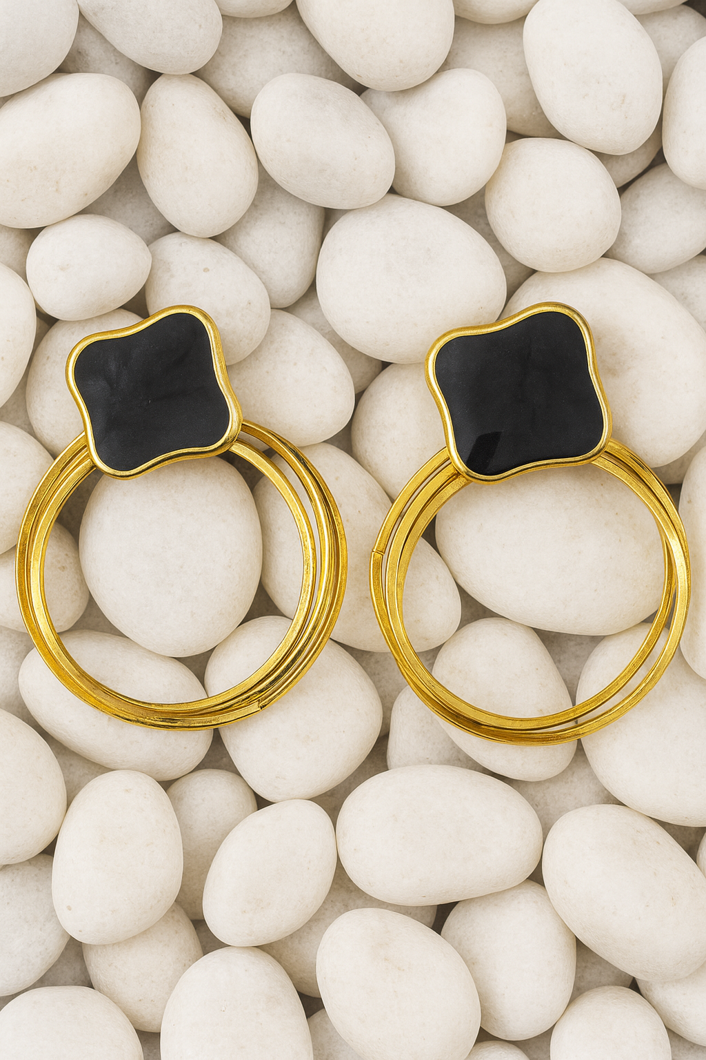 Elegant Gold Hoop Earrings with Black Stone Studs