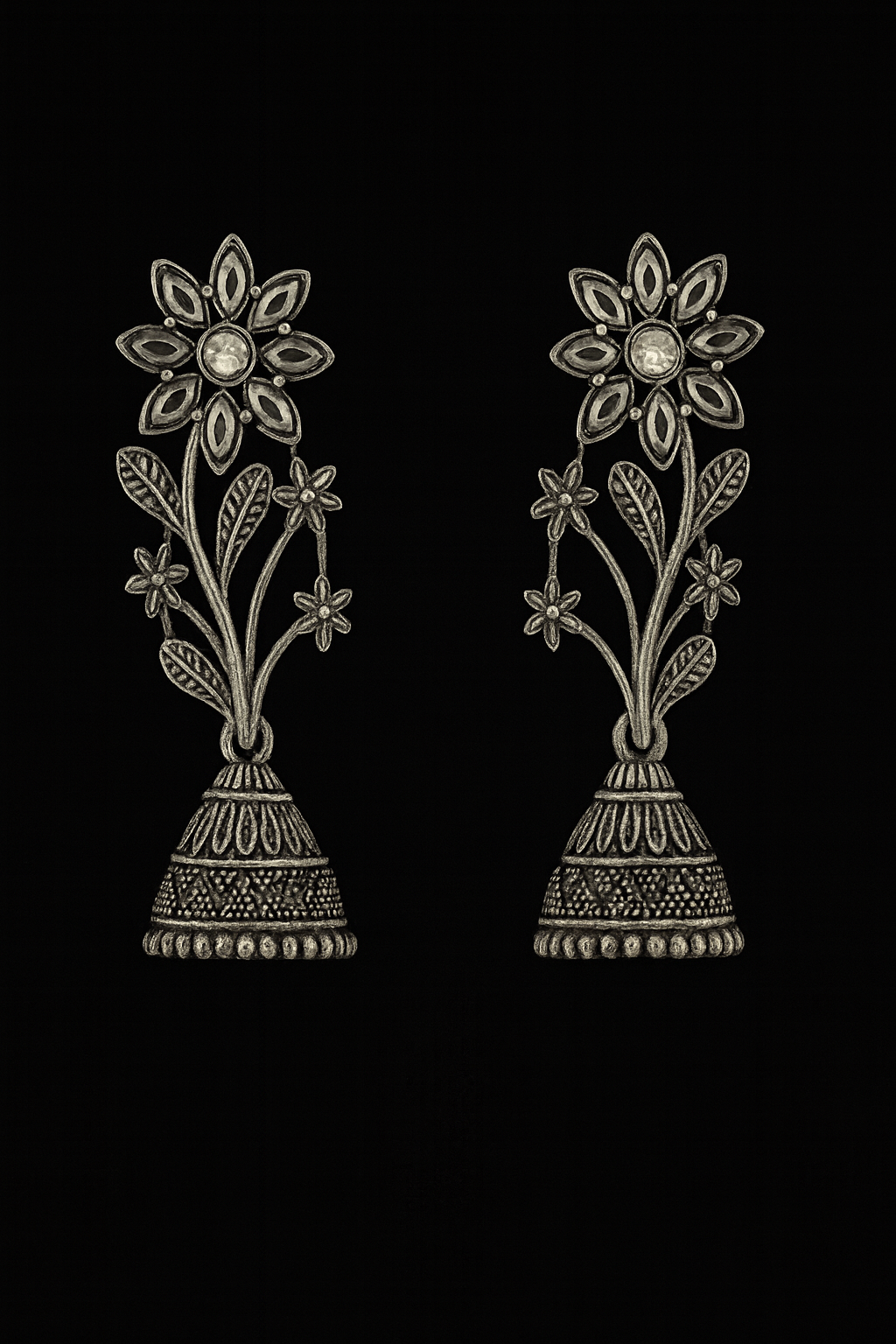 Elegant Floral Oxidized Silver Jhumka Earrings