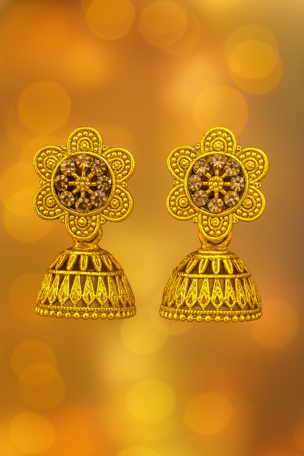 Floral Stud Golden Jhumka Earrings