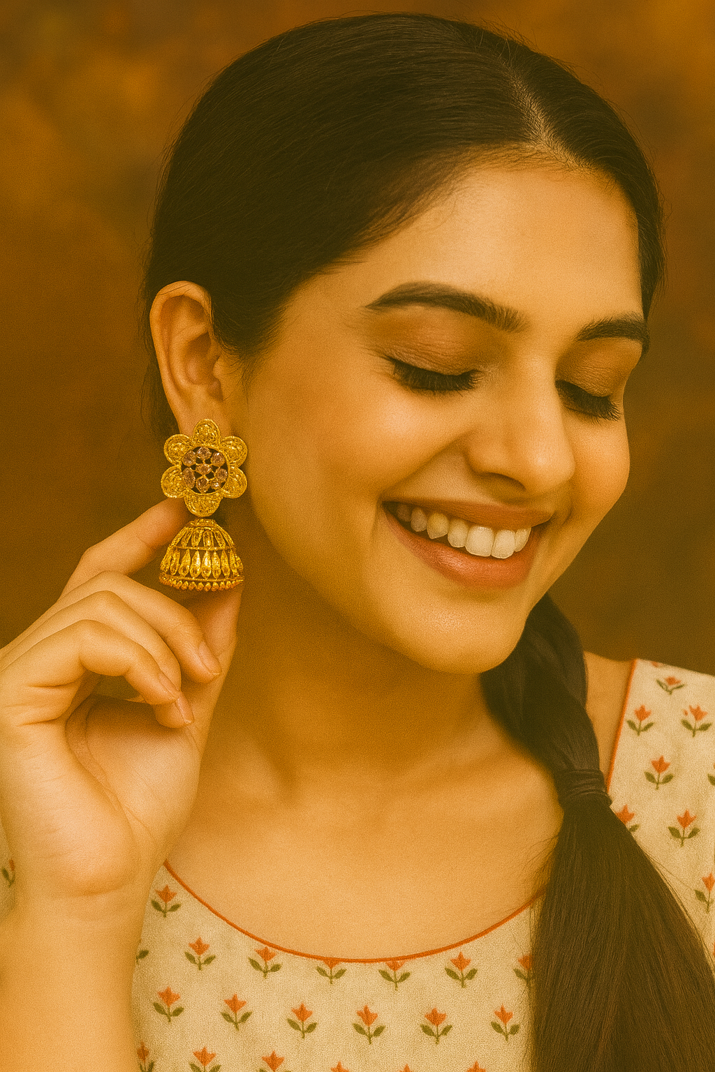 Floral Stud Golden Jhumka Earrings
