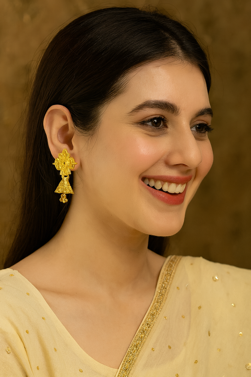 Floral Motif Golden Jhumka Earrings