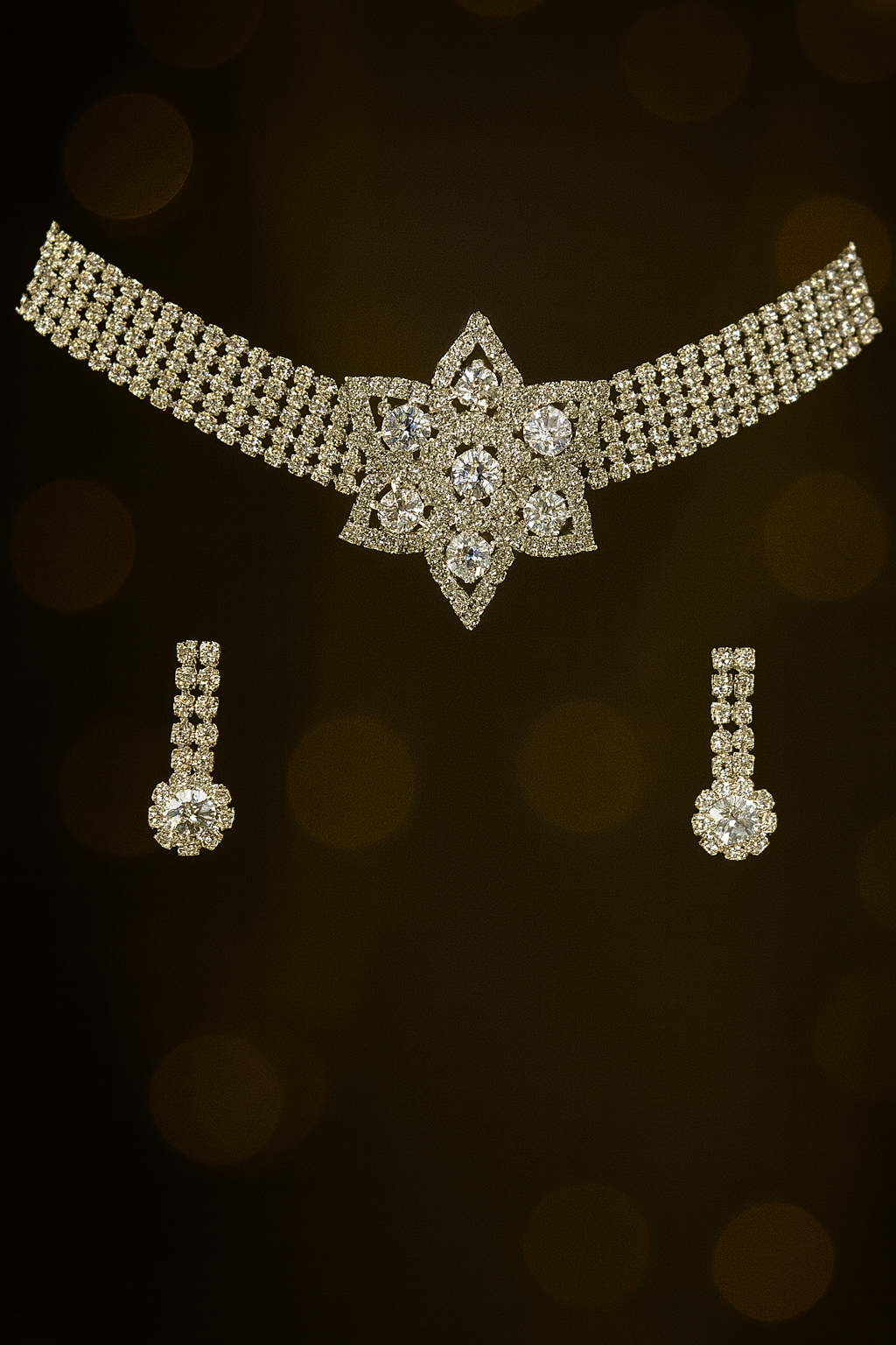 Elegant Floral Diamond Choker Necklace Set with Matching Earrings