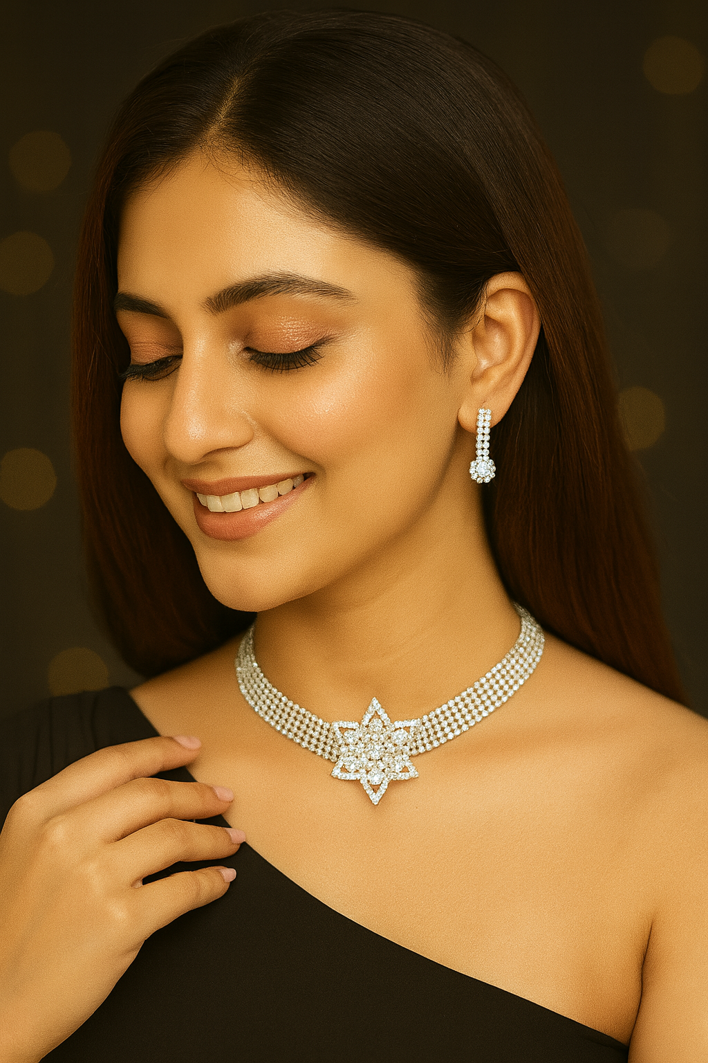 Elegant Floral Diamond Choker Necklace Set with Matching Earrings
