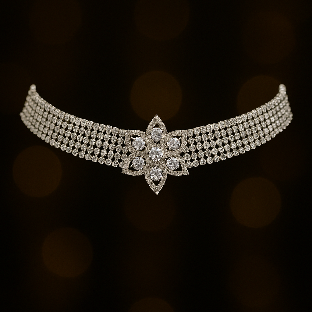 Elegant Floral Diamond Choker Necklace Set with Matching Earrings