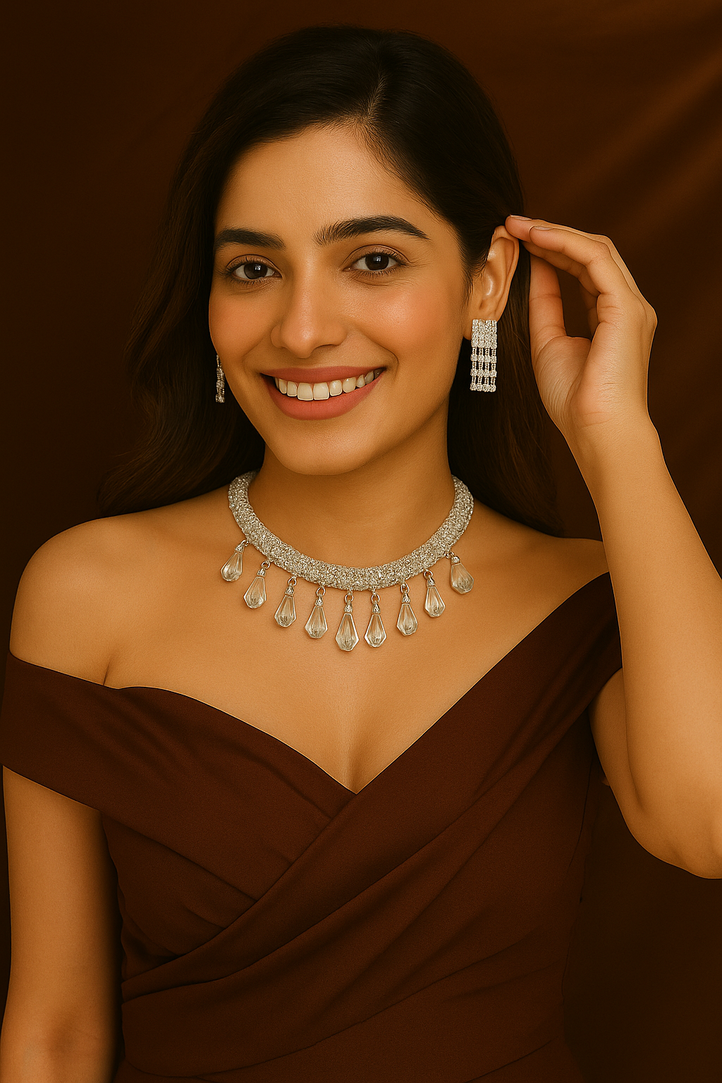Crystal Drop Choker Necklace Set with Matching Earrings