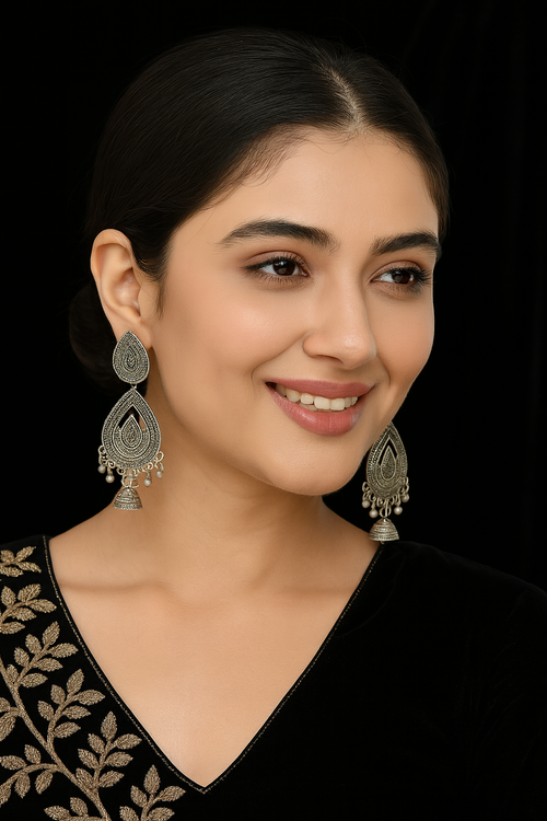 Antique Silver Oxidized Drop Earrings