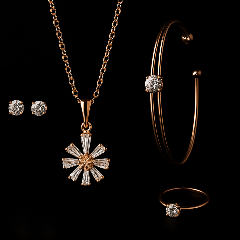 Elegant Floral Diamond-Cut Necklace Set in Rose Gold Finish