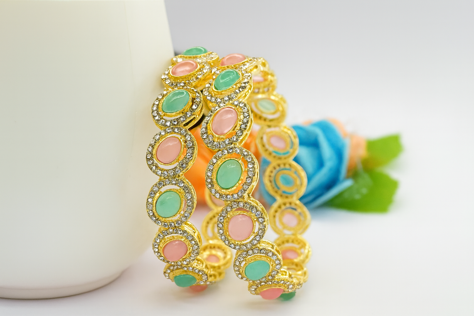Elegant Pastel Stone Gold Bangles
