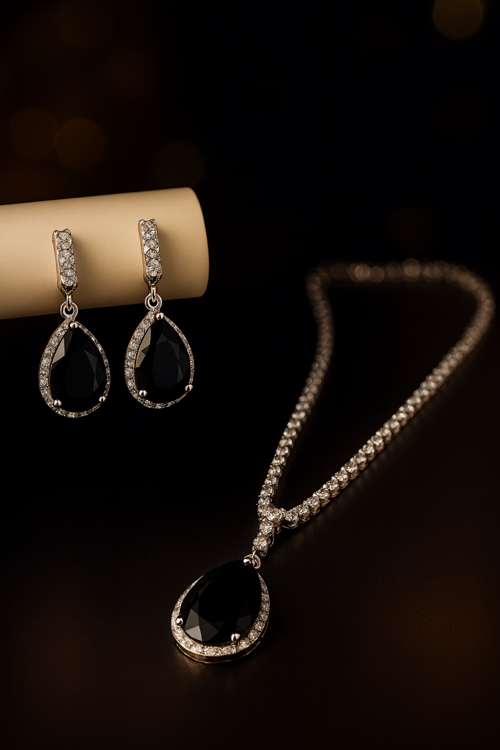 Elegant Black Stone Pendant Set with Matching Earrings