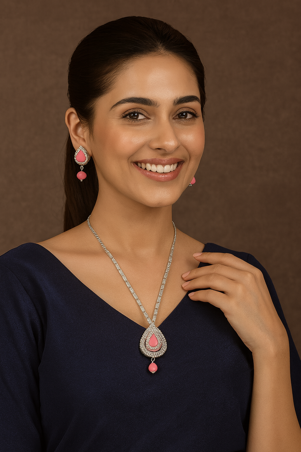 Elegant Pink Teardrop Pendant Set with Matching Earrings