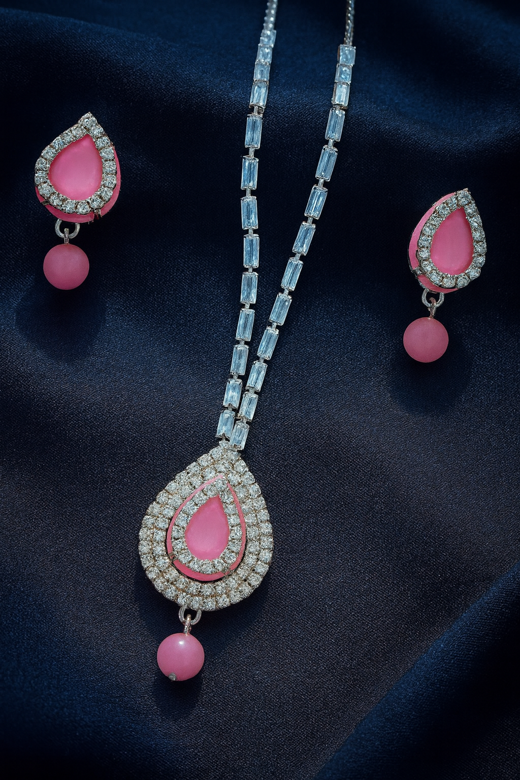 Elegant Pink Teardrop Pendant Set with Matching Earrings