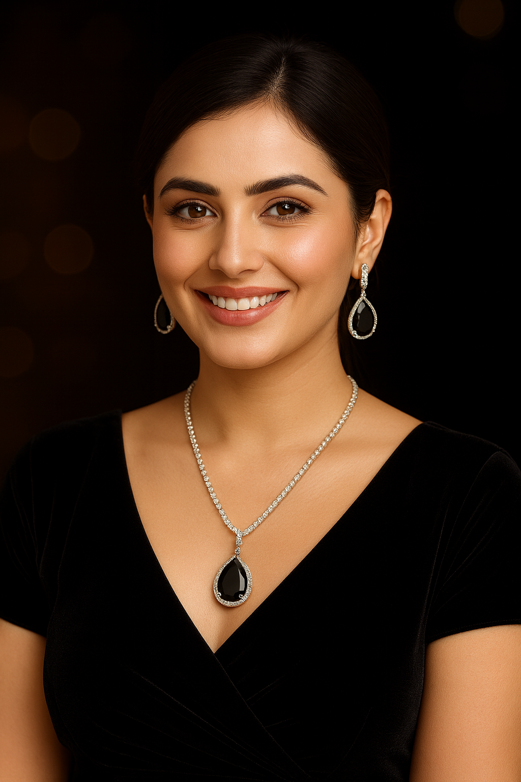 Elegant Black Stone Pendant Set with Matching Earrings